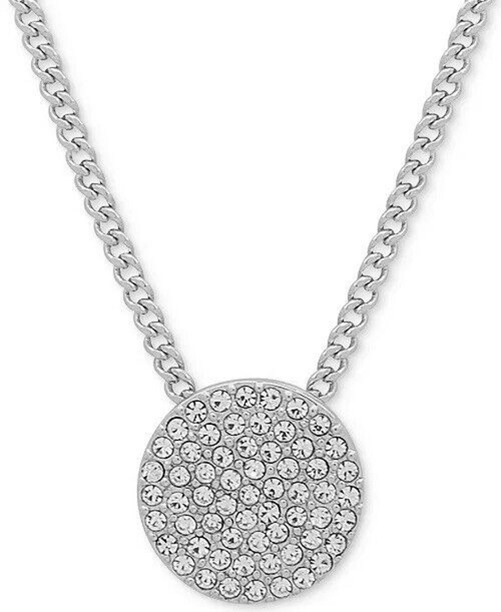 DKNY Silver Tone Crystal Disc Pendant Necklace Style Women's Fashion Chic NEW